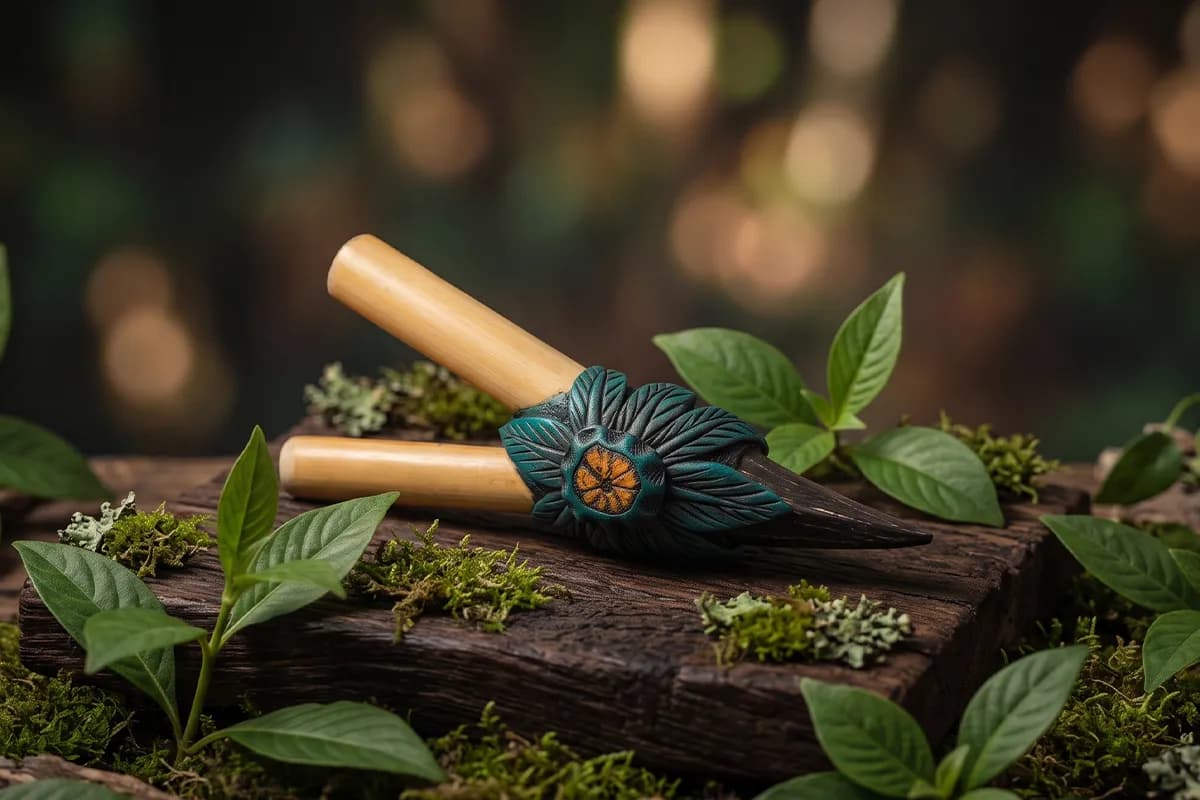 Carved wooden applicators in a forest setting
