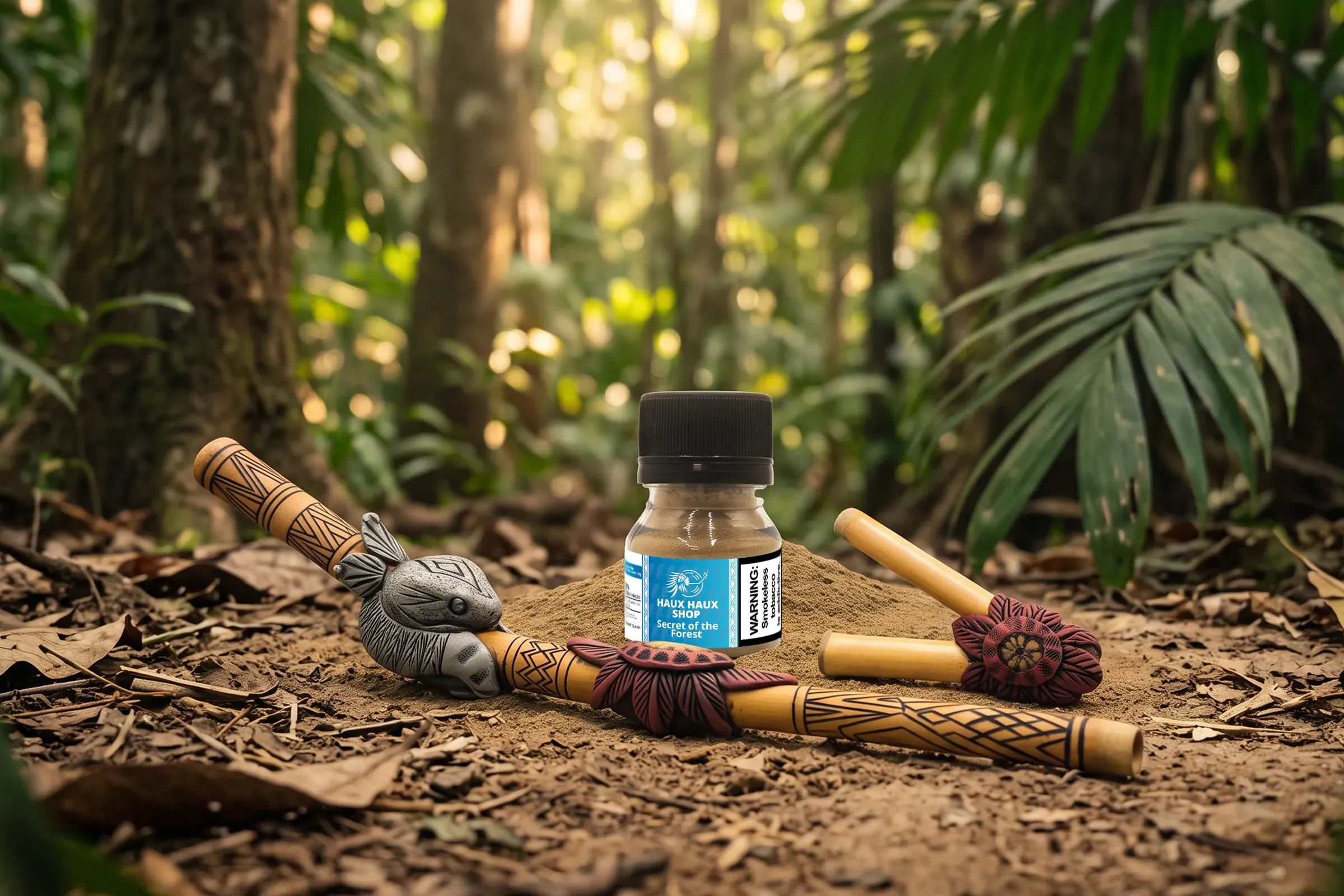 Haux Haux Rapé and handcrafted applicators arranged in a forest setting
