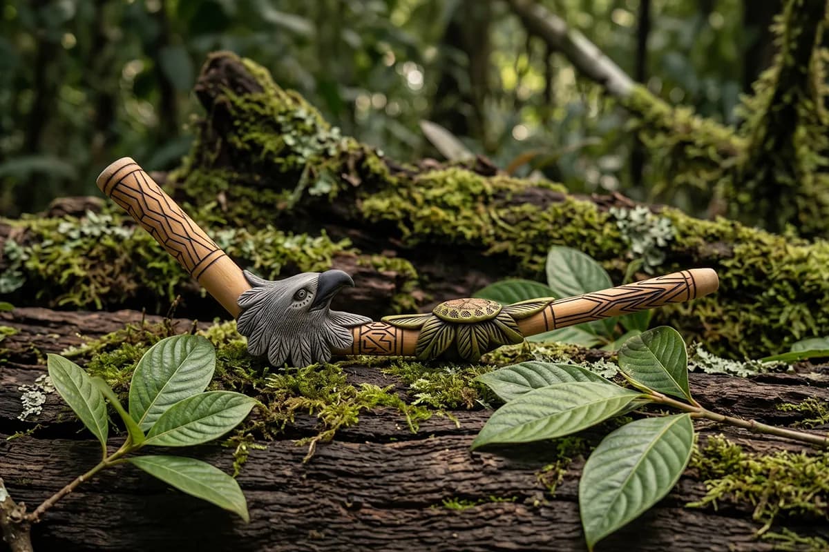 Carved wooden applicators in a forest setting